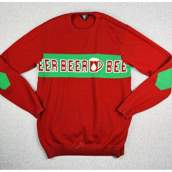 Volcom Sweater Mens L Red Crew Neck Ugly Christmas Top Beer Preppy Office Party - Picture 2 of 15